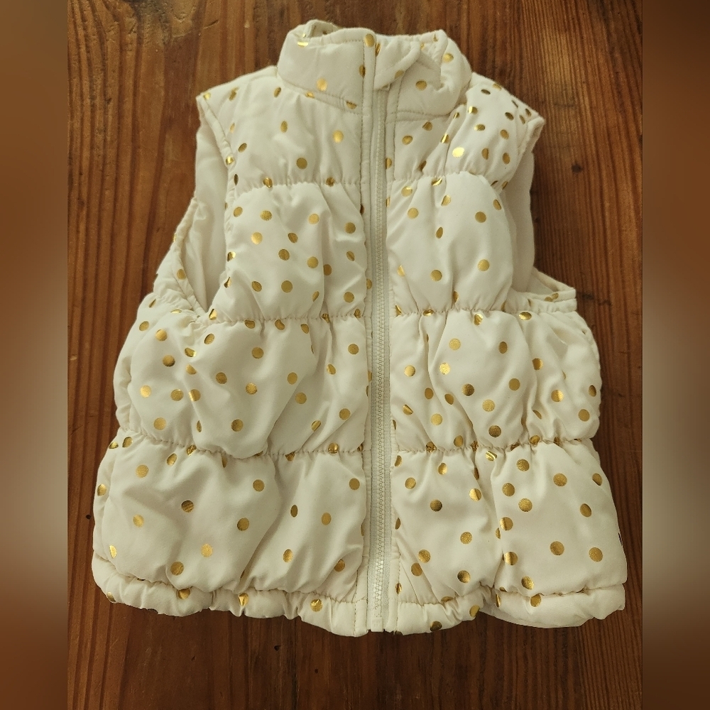 Healthtex Girl's White Gold Polka Dot Puffer Vest 4T Outdoor Glam Zip Front